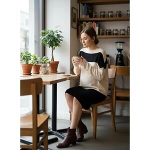 Hatch Cream Black Color Block Merino Wool Cashmere Pullover Sweater Dress Size P